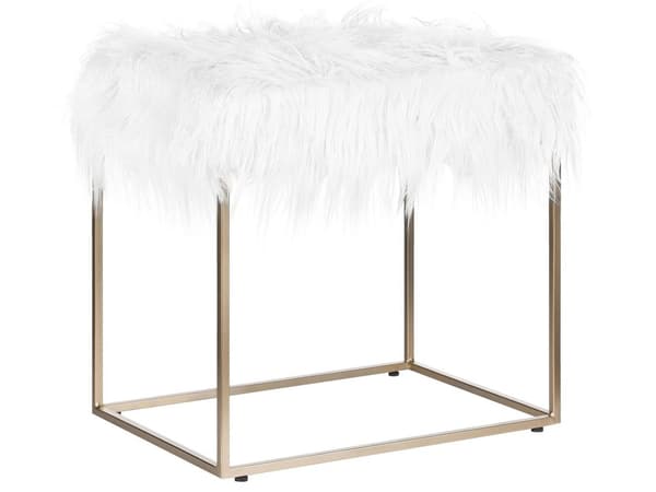 Fotpall Fuskpäls Vit med Guld Metallunderrede Fotpall i konstfårskinn Sminkbord Pall Glam Modern