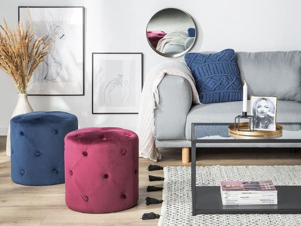 Rund Tuftad Mörkblå Schäslong Sittpuff Fotpall Chesterfield