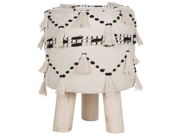 Fodskammel Beige med sorte dekorative bomuldsstrikkede træben Dekorative kvaster Boho Design