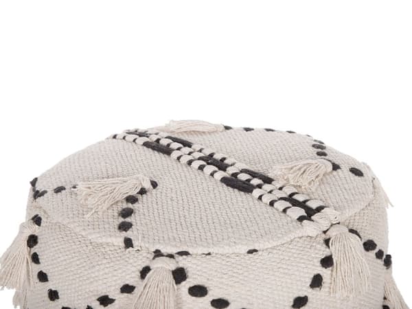 Fotpall Beige och Svart Bomull Dekorativ Stickad Träben Dekorativa tofsar Boho Design