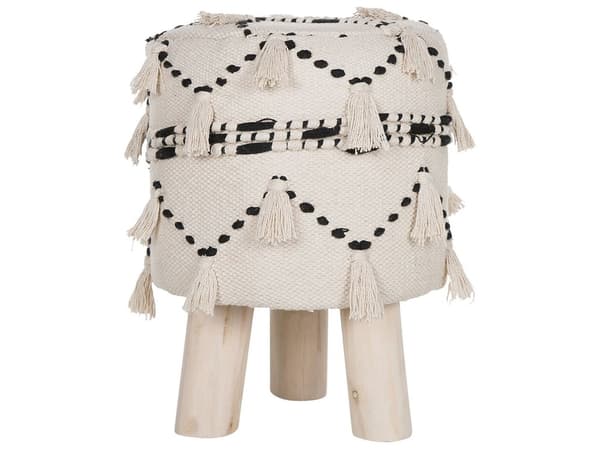 Fotpall Beige och Svart Bomull Dekorativ Stickad Träben Dekorativa tofsar Boho Design
