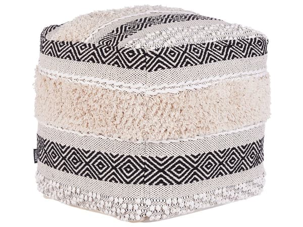 Puff Beige Bomull Svart Geometriskt Mönster Boho Stil