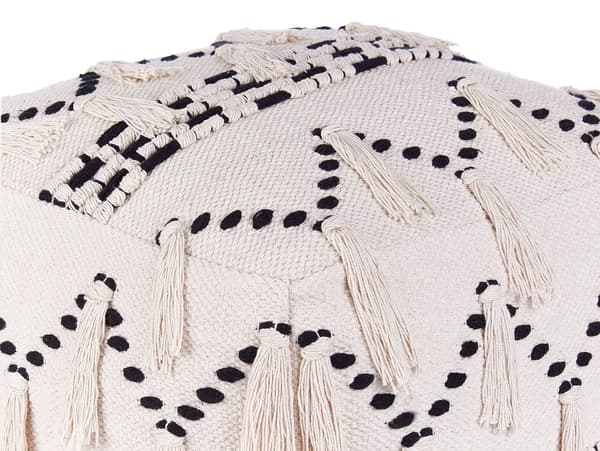 Rahi beige musta puuvilla 50 x 50 x 50 cm tupsuilla geometrinen kuvio neliö boho tyyli