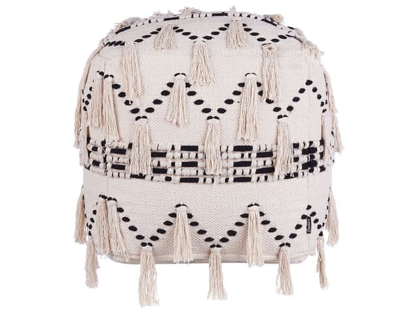 Rahi beige musta puuvilla 50 x 50 x 50 cm tupsuilla geometrinen kuvio neliö boho tyyli