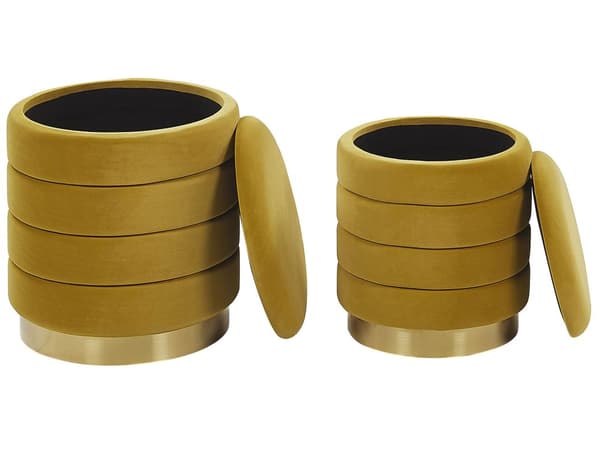 Set med 2 st Sittpuffar med förvaring Senapsgul Polyester Sammetsklädsel Guldbas Glamorös design Vardagsrumstillbehör