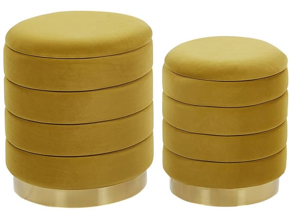 Set med 2 st Sittpuffar med förvaring Senapsgul Polyester Sammetsklädsel Guldbas Glamorös design Vardagsrumstillbehör