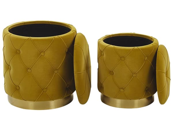 Set med 2 sittpuffar med förvaring Senapsgul Polyester Sammet Tuftad klädsel Guld Underrede Med knappar Retro Design