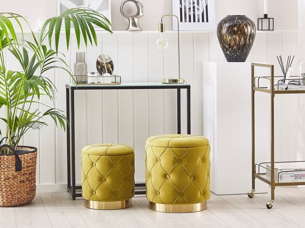 Set med 2 sittpuffar med förvaring Senapsgul Polyester Sammet Tuftad klädsel Guld Underrede Med knappar Retro Design