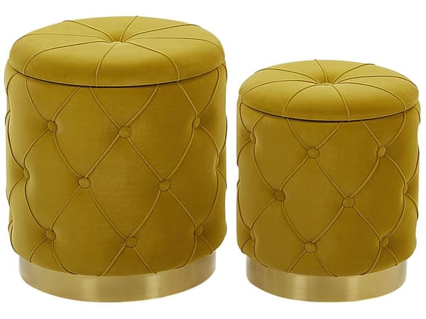 Set med 2 sittpuffar med förvaring Senapsgul Polyester Sammet Tuftad klädsel Guld Underrede Med knappar Retro Design