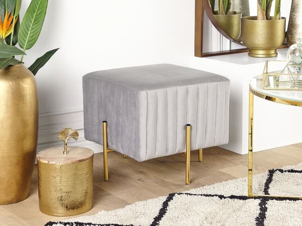 Puf Grå Velour Guld Metalben 93 cm Rektangulær Dekorativ Rillet Siddepuf med Ben Glamourstil Polstret til Stue Soveværelse Indretning