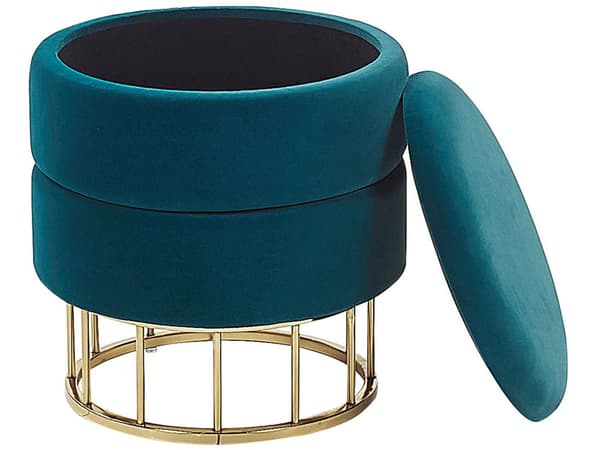 Puf med Opbevaring Turkis Guld Polyester Velour Glamourøst Retro Design Sæde Blågrøn Fodskammel Hjem Indretning Stue Soveværelse Børneværelse