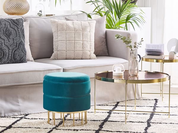 Puf med Opbevaring Turkis Guld Polyester Velour Glamourøst Retro Design Sæde Blågrøn Fodskammel Hjem Indretning Stue Soveværelse Børneværelse