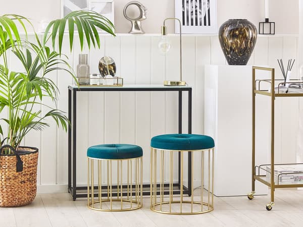 Puf 2 stk Polyester Velour Turkis Guld Rund Glam Retro Design Blå Blågrøn Skammel Fodskammel Fodstøtte Sæde Boligindretning Stue Soveværelse