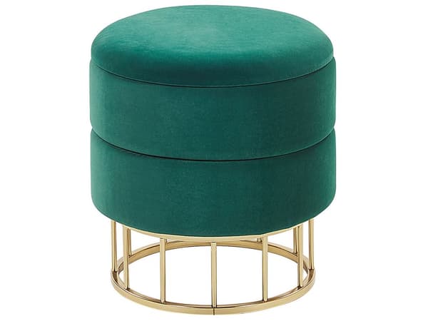 Puf med Opbevaring Guld Mørkegrøn Polyester Velour 37 x 37 cm Glamourøst Retro Design Rund Grøn Skammel Indretning Soveværelse Børneværelse