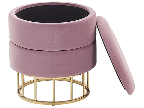 Puf med Opbevaring Guld Lyserød Polyester Velour 37 x 37 cm Glamourøst Retro Design Rund Fodskammel Hjem Indretning Soveværelse Børneværelse