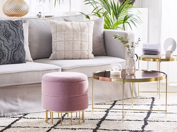 Puf med Opbevaring Guld Lyserød Polyester Velour 37 x 37 cm Glamourøst Retro Design Rund Fodskammel Hjem Indretning Soveværelse Børneværelse