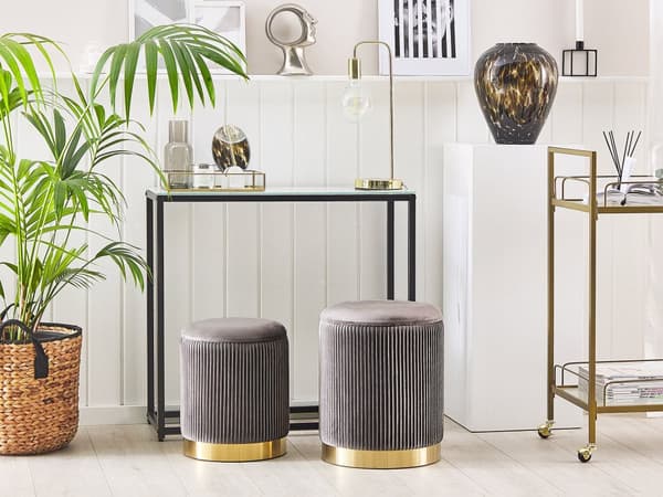 Puf med Opbevaring 2 stk Grå Guld Polyester Velour Jern Glam Retro Design 2 x Fodskammel Fodstøtte Sæde Boligindretning Stue Soveværelse