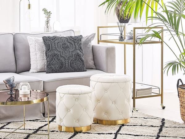Puf med Opbevaring Hvid Guld Velour 2 stk Sæt 40 / 33 Rund Siddepuf Retro Glamour Design Knappet Fodskammel Hjem Indretning Stue Soveværelse