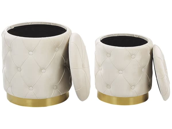 Puf med Opbevaring Hvid Guld Velour 2 stk Sæt 40 / 33 Rund Siddepuf Retro Glamour Design Knappet Fodskammel Hjem Indretning Stue Soveværelse