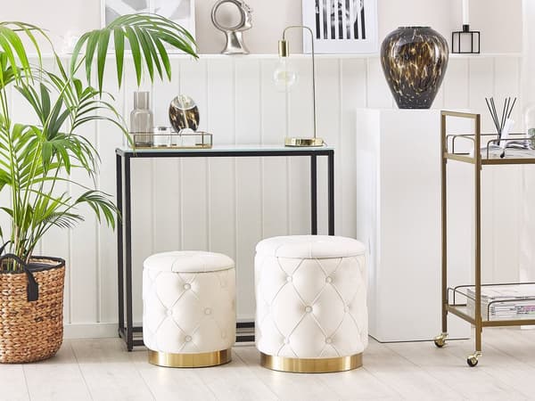 Puf med Opbevaring Hvid Guld Velour 2 stk Sæt 40 / 33 Rund Siddepuf Retro Glamour Design Knappet Fodskammel Hjem Indretning Stue Soveværelse