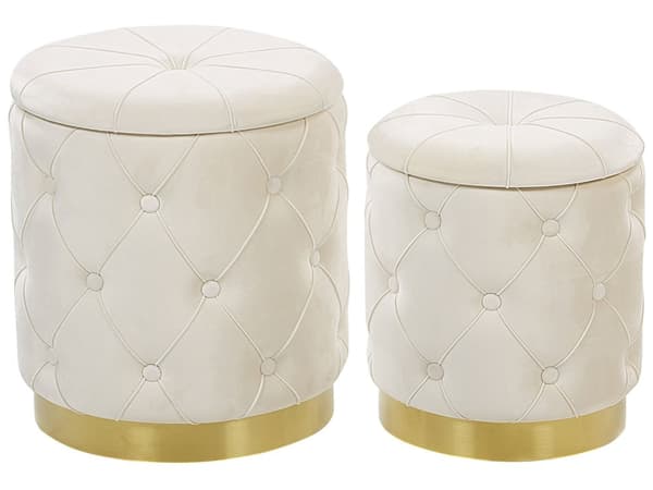 Puf med Opbevaring Hvid Guld Velour 2 stk Sæt 40 / 33 Rund Siddepuf Retro Glamour Design Knappet Fodskammel Hjem Indretning Stue Soveværelse