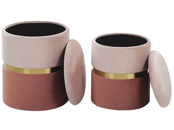 Puf med Opbevaring 2 stk Sæt Polyester Velour Lyserød Guld Retro Moderne Design Rund Skammel Boligindretning Stue Soveværelse Børneværelse