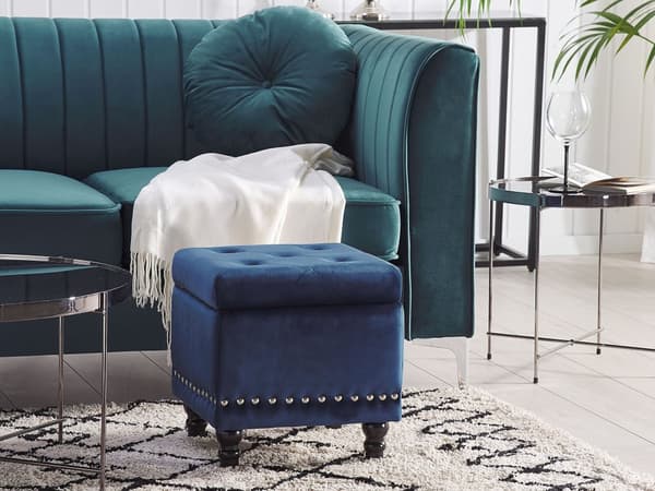 Puf med Opbevaring Mørkeblå Polyester Velour 37x37 cm Sæde Glam Traditionel Design Blå Chesterfield Mønster Gummitræ Indretning Stue Spisestue