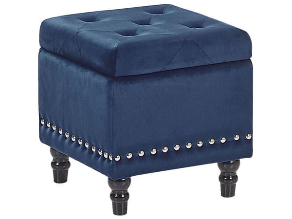Puf med Opbevaring Mørkeblå Polyester Velour 37x37 cm Sæde Glam Traditionel Design Blå Chesterfield Mønster Gummitræ Indretning Stue Spisestue