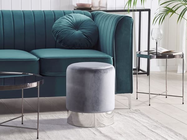 Puf Grå Velour og Sølv Rustfrit Stål 36 x 36 cm Rund Sæde Metallisk Moderne Glam Industriel Design Boligindretning Soveværelse Stue
