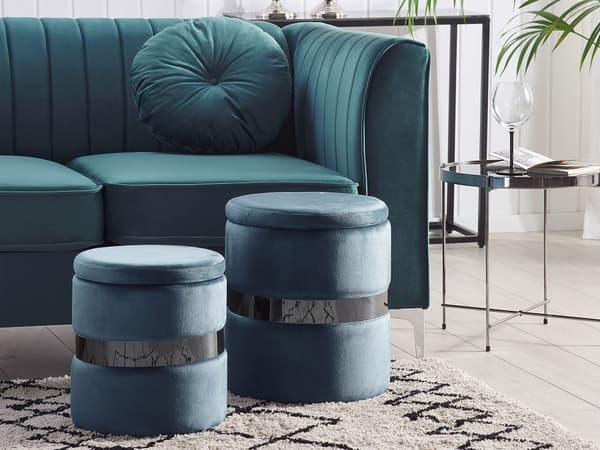 Set med 2 sittpuffar med förvaring Blå Polyester Sammet Fotpall Glam Design