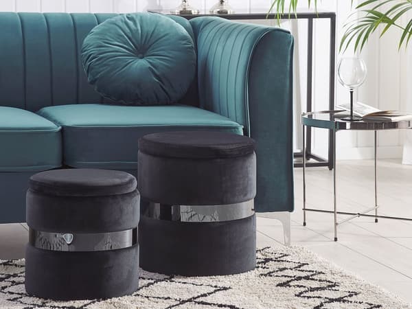 Set med 2 sittpuffar med förvaring Svart Polyester Sammet Fotpall Glam Design