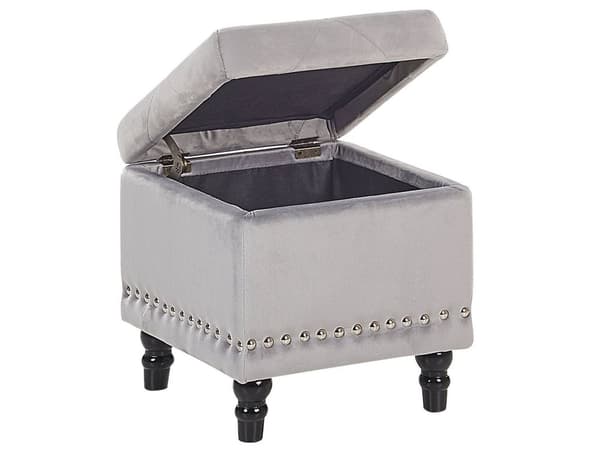 Puf med Opbevaring Lysegrå Polyester Velour 37x37 cm Sæde Glam Traditionel Design Grå Chesterfield Mønster Gummitræ Indretning Stue Spisestue
