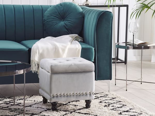 Puf med Opbevaring Lysegrå Polyester Velour 37x37 cm Sæde Glam Traditionel Design Grå Chesterfield Mønster Gummitræ Indretning Stue Spisestue