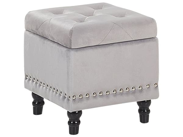 Puf med Opbevaring Lysegrå Polyester Velour 37x37 cm Sæde Glam Traditionel Design Grå Chesterfield Mønster Gummitræ Indretning Stue Spisestue