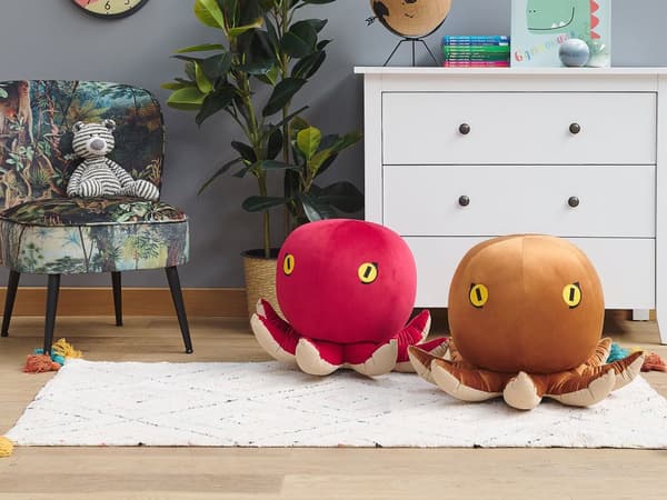 Puf Brun Gyldenbrun Polyester Velour Blæksprutte Design Beige Gul Fodskammel Skum Taburet Fodstøtte Børneværelse Pigeværelse Drengeværelse
