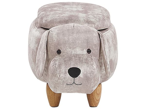 Skammel Beige Velour Mørkt Træ 29 x 39 cm Børnepuf med Opbevaring Hunde Design Fodstøtte til Børneværelse Stue Sjov Inspiration