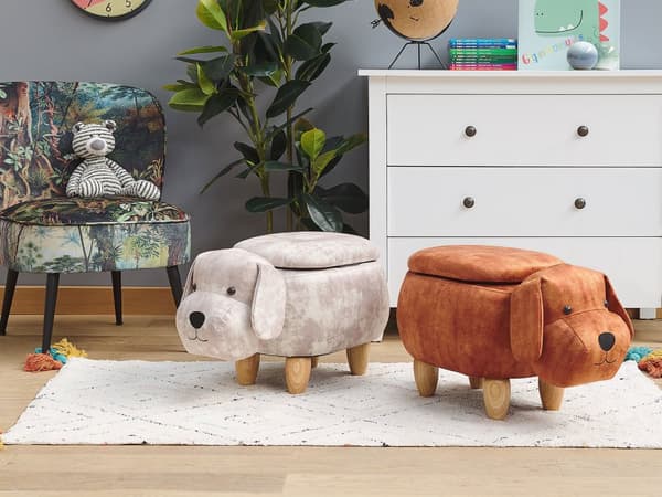 Skammel Beige Velour Mørkt Træ 29 x 39 cm Børnepuf med Opbevaring Hunde Design Fodstøtte til Børneværelse Stue Sjov Inspiration