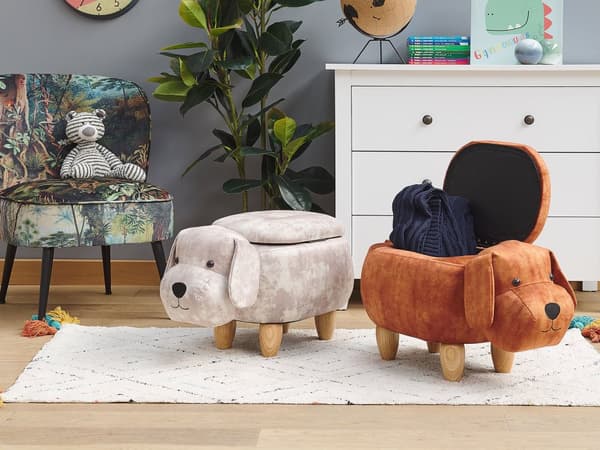 Barn Djurpall Beige Sammet med Förvaring Träben Barn Sittplats