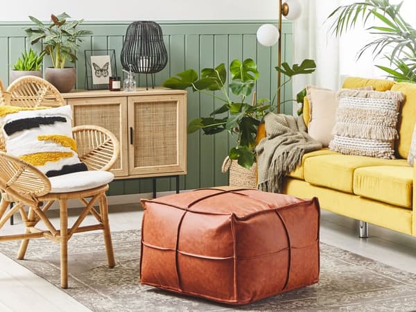 Puf Brun Kunstlæder Bomuld EPS Kugler 60 x 45 cm Firkantet Moderne Rustik Design Skammel Fodstøtte Stue Indretning Boligindretning Soveværelse