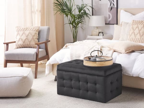 Rahi musta sametti verhoiltu 72 x 42 x 40 cm säilytystilalla tuftattu suorakulmio retro glamour tyyli