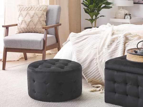 Fotpall Svart Sammet Rund Tuftad Glam