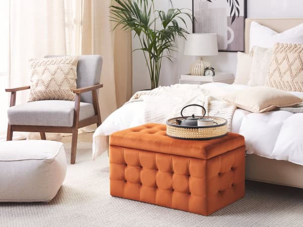 Skammel Orange Velour Tuftet Polstring Sengebænk med Opbevaring