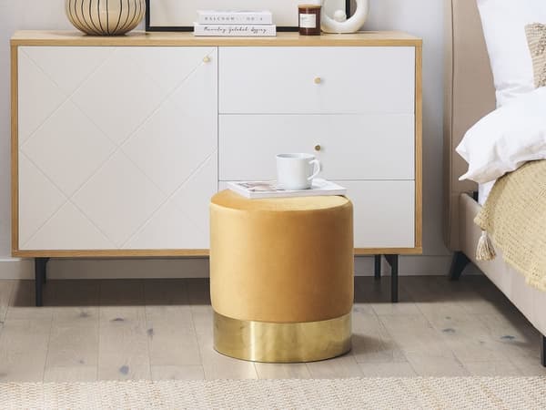 Puf Polyester Velour Sort Guld ø 39 cm Rund Moderne Glam Design Skammel Fodskammel Fodstøtte Sæde Boligindretning Hjem Stue Soveværelse Møbel