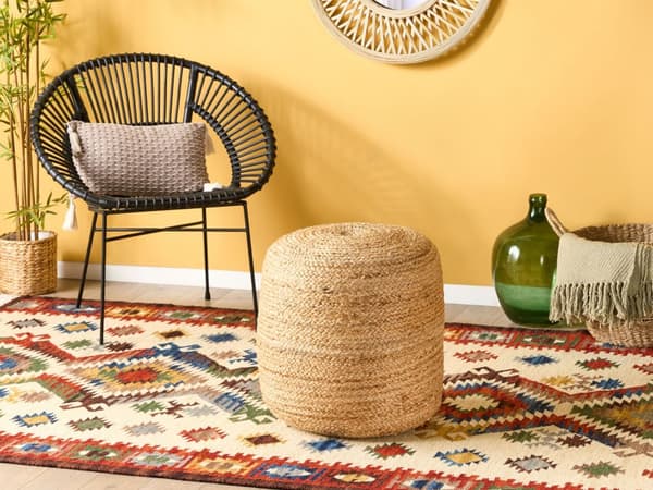 Puff Ottoman Beige Jute EPS Pärlor Fyllning Rund ø 46 cm Boho Stil
