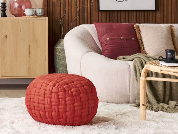 Sittpuff Röd Sammet 45 x 35 cm Korgvävning Handgjord Rund EPS Fyllning Fotpall Schäslong