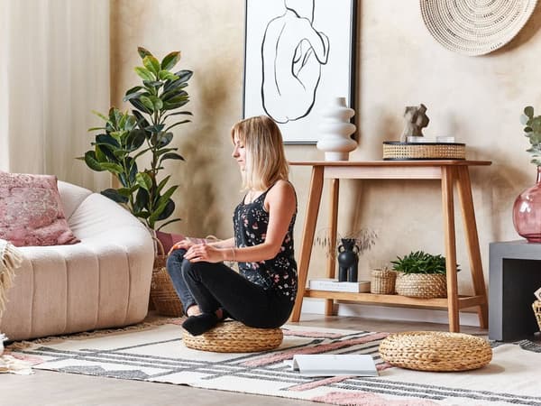 Golvkudde Naturlig Vattenhyacint 40 x 40 x 10 cm Rund Boho Modern Sittpuff