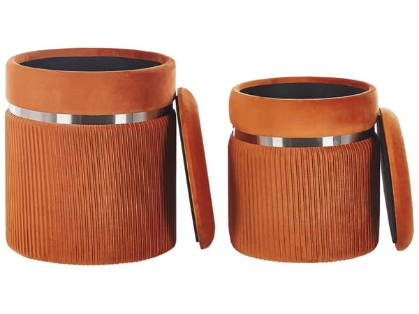 Puf Orange Velour Skumfyld sæt 44 / 38 cm Rund Rillet Polstret Skammel Møbel Opbevaring Sølv Ring Stue Soveværelse Indretning Design Tilbehør
