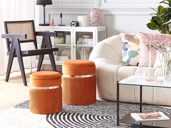 Puf Orange Velour Skumfyld sæt 44 / 38 cm Rund Rillet Polstret Skammel Møbel Opbevaring Sølv Ring Stue Soveværelse Indretning Design Tilbehør
