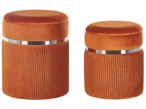 Puf Orange Velour Skumfyld sæt 44 / 38 cm Rund Rillet Polstret Skammel Møbel Opbevaring Sølv Ring Stue Soveværelse Indretning Design Tilbehør
