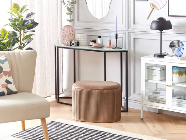 Puf med Opbevaring Beige Velour Polstret Rillet Siddepuf Rund Oval Skum Sæde Tilbehør Fodskammel til Stue Soveværelse Pigeværelse Glamour